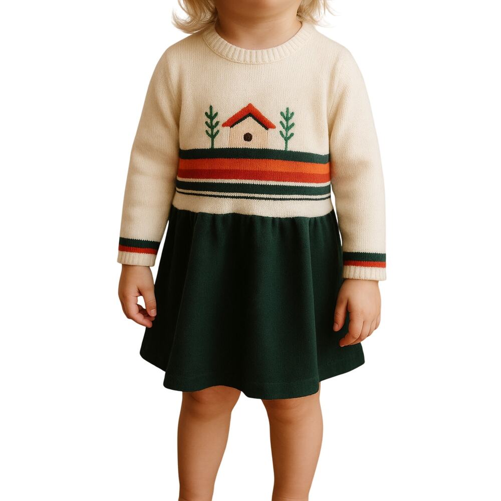 Vintage Renzo Baby Toddler Girl’s Dress Cottage Scene Sweater Top Skirt 12–18M